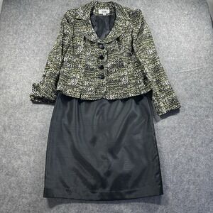 Le Suit 2PC Skirt Suit Womens 10 Green Black Blazer Buttons Long Sleeves Shimmer
